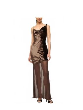 STAUD Brown Satin Slip Dress with Sheer Overlay